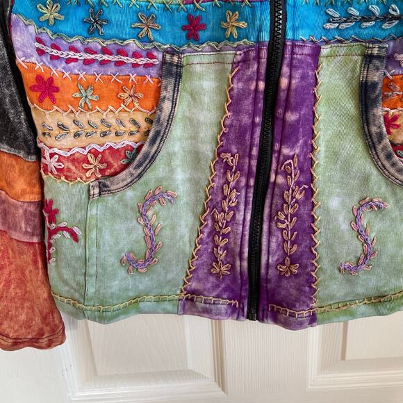 Boho Embroidered Patchwork Hooded Zip Jacket Sz M Festival Hippie - Picture 7 of 14